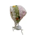 Handgefertigte Häkelhaube für Babys mit rosa-grün-weißen Streifen und Blumen - Kleiner Garten Grün