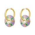 Pendientes de aro dorados vintage con flores de esmalte morado claro y hojas verdes - Morado