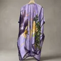 Detail of elegant purple silk shawl featuring floral prints and vintage bird motifs - Elegant Purple Lotus Print (Split)