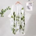 Elegant white satin sun protection shawl with green ginkgo leaf patterns for women - Ginkgo Leaf Print (Split)