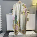 Silky light grey sun protection shawl with purple peony and golden baroque patterns - Vibrant Peony Print (Split)