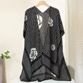 Women's black sun protection shawl with white polka dots and elegant rose floral prints - Polka Dot Rose Print (Split)