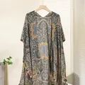 Women's gray paisley print satin sun protection kimono cardigan with long sleeves - Persian Paisley Pattern (Split)