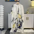 Ivory satin floral sun protection shawl cardigan with elegant yellow and purple patterns - Elegant Snow Lotus Print (Split)