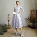 Robe élégante grande taille en dentelle gris argenté avec manches 3/4 et nœud - Gris Argent