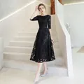 Robe midi élégante en dentelle noire grande taille avec motifs floraux - Noir