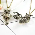 Vintage bronze owl locket necklace featuring filigree hollow design in open and closed state - Antique Bronze Heart Shaped Owl Pendant