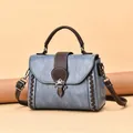 Retro misty blue leather small handbag for women with vintage metal buckle and top handle - Blue