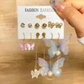 Golden butterfly and pearl earring set featuring 6 pairs with blue fabric wings - Blue Gauze Butterfly And Long Chain (WH0015-10)