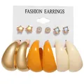 Set of 6 gold star and daisy studs with pearl and acrylic hoop earrings for women - Star And Orange Crescent Hoop (WH0015-13)