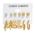 6-pair set of gold fashion earrings featuring pearls, crystals, and hoop styles - Heart Stud And Artificial Pearl (WH0015-14)