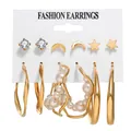 Golden earring set with 6 pairs of pearl hoops, star studs and crystal circles - Star And Pearl Wrapped Hoop (WH0015-15)