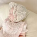 Detailed embroidery on white lace baby bonnet with soft satin bow top for infants - Beige Sunflower Hat