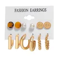Fashion 6-pair gold earring set featuring faux pearls, leopard print studs, and metal hoops - Leopard Print Stud And Vintage Disk (WH0015-16)