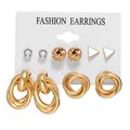 6-pair set of gold-toned geometric earrings with crystals and chains on display card - Solitaire Stud And Multi-Ring Wrap (WH0015-18)