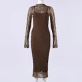 Abito midi marrone in pizzo a maniche lunghe con ricami floreali e sottoveste - S / Marrone