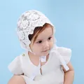 Elegant white lace baby bonnet with floral embroidery and satin chin straps - White Lace Small Hat