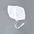 White baby bonnet with lace embroidery and adjustable drawstring tie for infants - White Wide Brim Hat