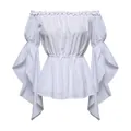 Dettaglio dello scollo a barca con volant e maniche a campana su questo top bianco elegante - S / Bianco
