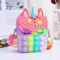Unicorn silicone fidget toy bag with macaron rainbow colors and printed shoulder strap - Macarons