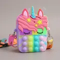 Unicorn silicone fidget toy bag with macaron rainbow colors and printed shoulder strap - Macarons