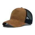 Brown faux suede and black mesh baseball cap with breathable trucker hat design - Adjustable (56-58cm) / Dark Brown