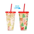 Christmas color changing cold cup with red lid, straw and holiday festive patterns - Gold Foil Christmas Cup