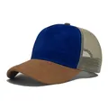 Unisex trucker hat with brown suede brim, royal blue front, and beige breathable mesh - Adjustable (56-58cm) / Patchwork Blue Brown