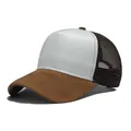 White and brown two-tone trucker hat with faux suede brim and breathable mesh back - Adjustable (56-58cm) / Patchwork White Brown