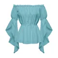 Top azzurro a spalle scoperte con maniche a balze e design della vita arricciata - S / Blu