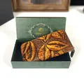Long leather wallet with vintage brown leaf carvings and zipper in a gift box - Yellow Brown With Gift Box