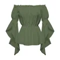 Dettaglio del top verde scuro con spalle scoperte, volant e vita elasticizzata - S / Verde