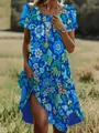 Robe d'été bleue à manches courtes avec feuilles vertes et motifs floraux bleus - Fleur Bleue