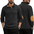 Detail view of black corduroy sweatshirt with contrast tan elbow patches and Henley neck - S / Black
