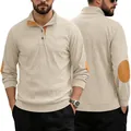 Detail view of corduroy Henley sweatshirt featuring brown patches and buttoned collar - Apricot