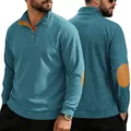 Detail of men's teal corduroy sweatshirt with orange collar lining and elbow patches - S / Denim Blue