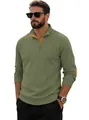 Felpa da uomo in velluto a coste verde oliva con dettagli a contrasto arancioni e collo Henley - S / Verde Militare
