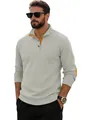 Detail of grey ribbed knit polo with mustard yellow contrast elbow patches and collar - S / Light Gray
