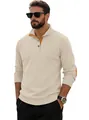 Chemise Henley en velours côtelé blanc cassé avec col orange contrasté et coudières - Abricot