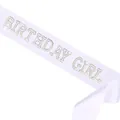 White satin birthday girl sash featuring elegant silver rhinestone lettering for parties - White Satin Birthday Sash (BIRTHDAY GIRL)