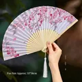 Handheld vintage folding fan with pink flowers, purple stripes and white tassel - 68 Flower Charm