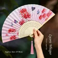 Chinese folding fan with red spider lily print and pink silk tassel decoration - 71 Butterfly Equinox Flower