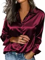 Women's burgundy satin shirt with long sleeves and classic button-down collar - Burgundy