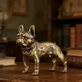 Detailed view of antique brass French Bulldog figurine with vintage aged finish - Large French Bulldog