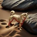 Macro shot of vintage brass dog figurine with fine fur texture on desert sand - Shiba Inu