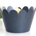 Deep navy blue pearl paper cupcake wrappers with scalloped edges for party decor - Black Sparkle
