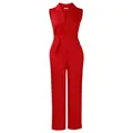 Detail of red sleeveless jumpsuit featuring a notched lapel collar and waist tie belt - S / Red