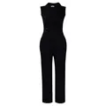 Detail of elegant black sleeveless jumpsuit with notch lapel and waist belt design - S / Black