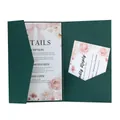 Detail view of dark green pocket wedding invitation with pink floral and RSVP card - Dark Green