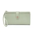 Close-up of mint green lychee textured leather long wallet with snap button and wristlet - Litchi Pattern Long Wallet / Green